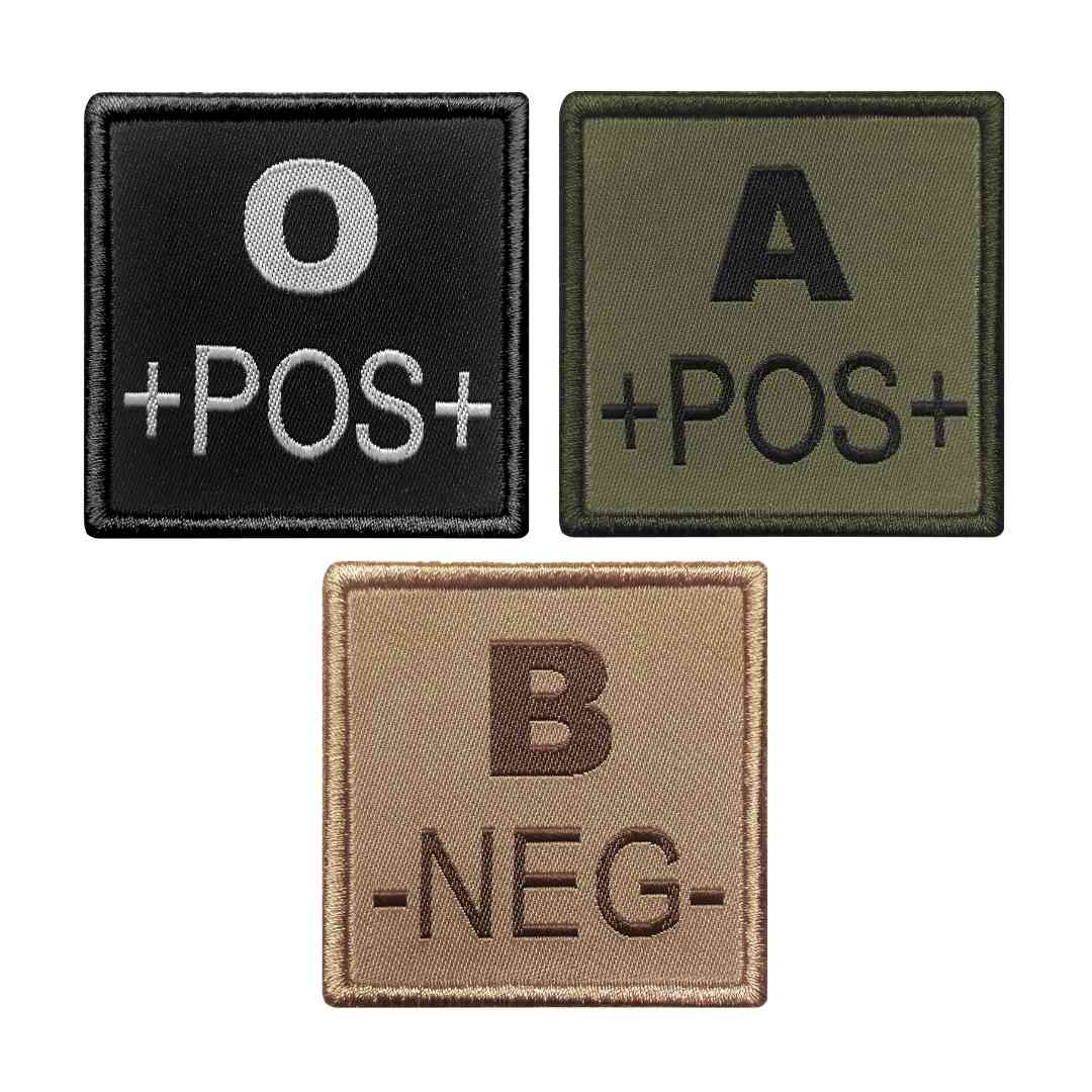 UNYZONE : A10 EQUIPMENT Patch Brodé des groupes sanguins O+, A+, B+, AB+, O-, A-, B- et AB- de couleur noir, vert olive et tan