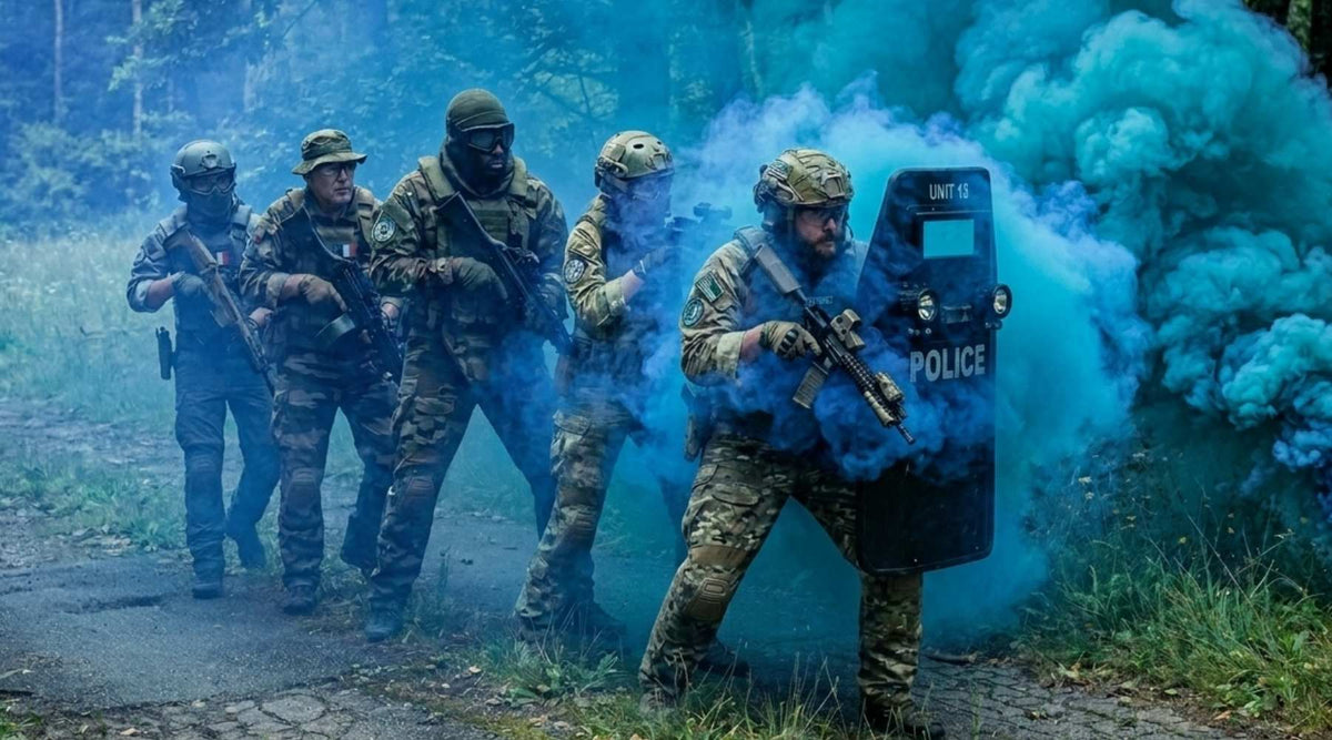 Joueurs d'airsoft avançant en colonne avec un bouclier tactique dans un fumigène bleu.