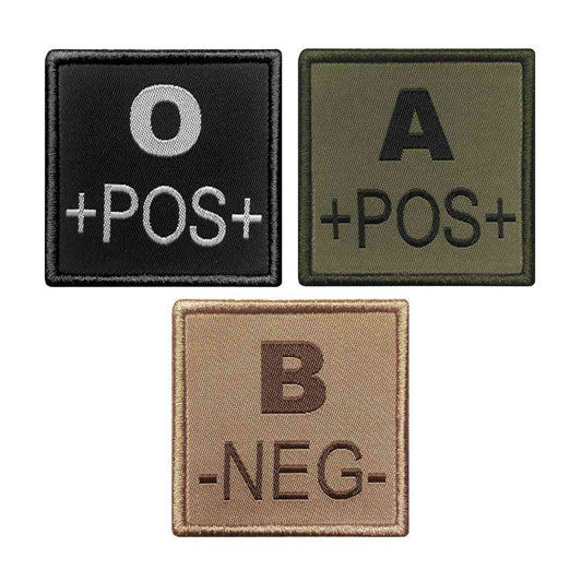 UNYZONE : A10 EQUIPMENT Patch Brodé des groupes sanguins O+, A+, B+, AB+, O-, A-, B- et AB- de couleur noir, vert olive et tan