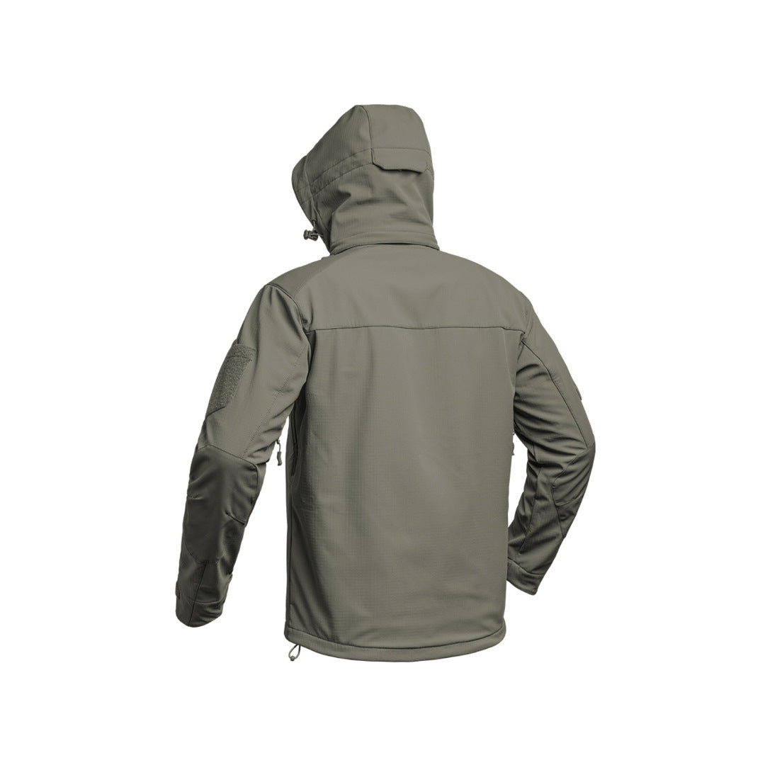 UNYZONE : A10 EQUIPMENT Veste shoftshell V2 FIGHT en vert olive vue de derrière de côté