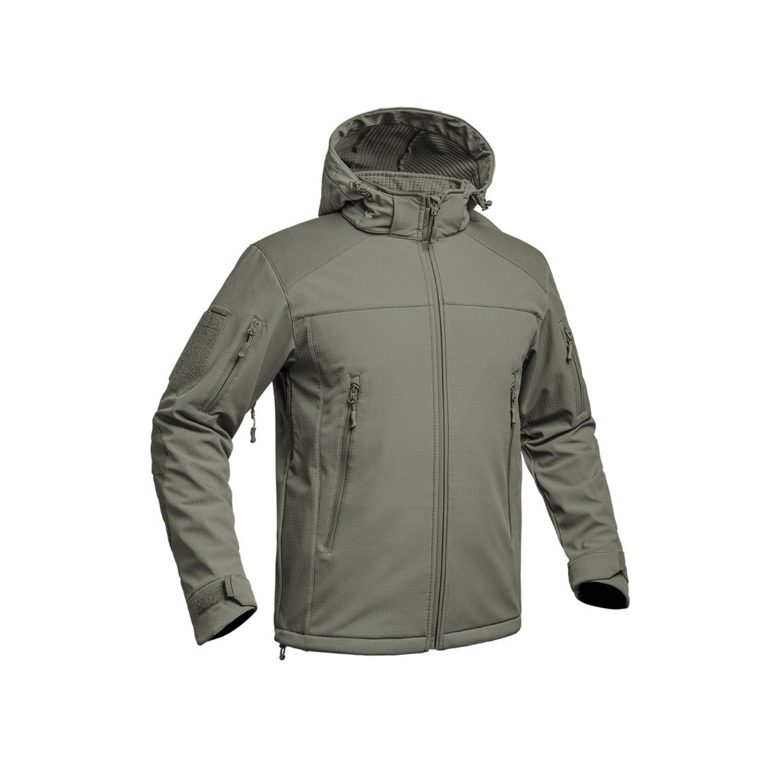 UNYZONE : A10 EQUIPMENT Veste shoftshell V2 FIGHT en vert olive vue de devant de côté
