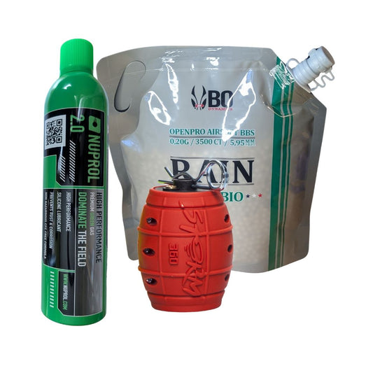 UNYZONE : Box avec ASG Grenade gaz à impacte STORM 360 rouge avec green gas Nuprol et billes bio BO