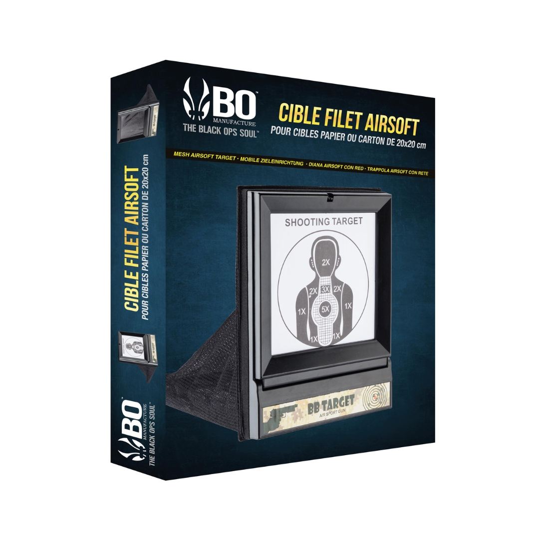 UNYZONE : BO MANUFACTURE Porte cible avec filet et cible en papier de 17x17mm, vue sur la boîte d'emballage