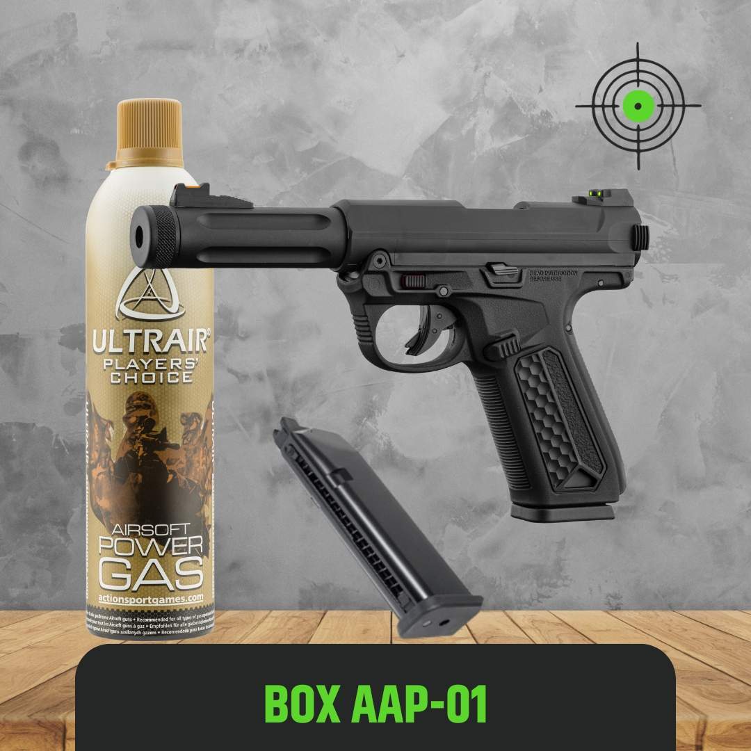 UNYZONE : Box airsoft réplique AAP-001 de ACTION ARMY, qui contient la réplique avec un chargeur supplémentaire et une bouteille de gaz ULTRAIR de chez ASG