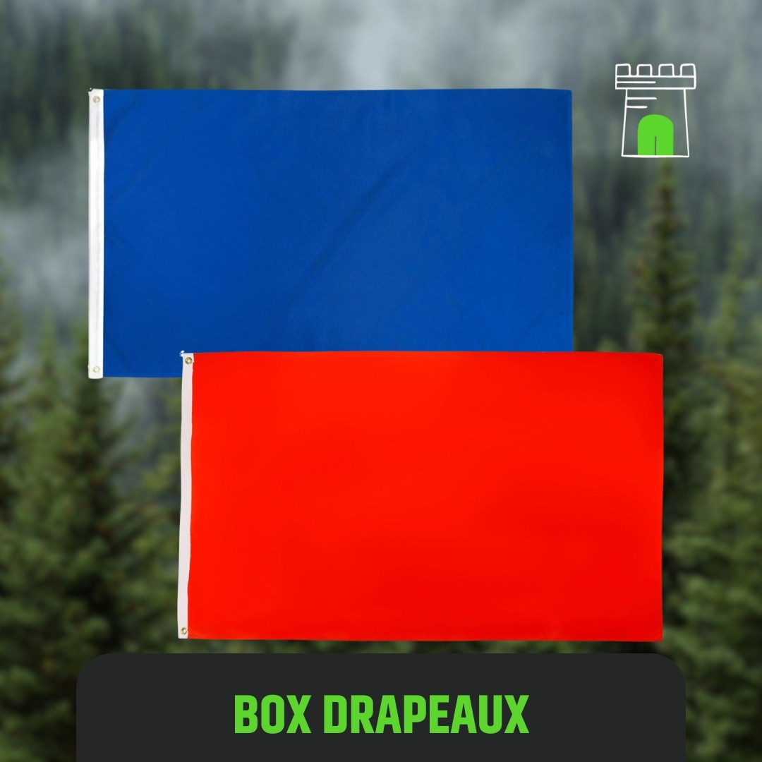 UNYZONE : Box airsoft drapeau, il contient 2 drapeaux airsoft (bleu et rouge) pour différencier les équipes et pour réaliser des modes de jeu.
