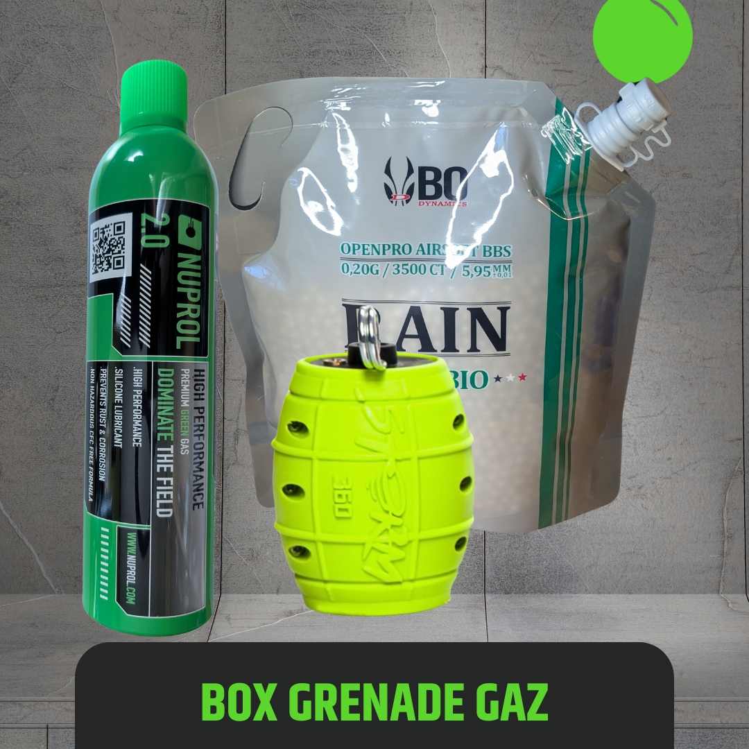 UNYZONE : Box grenade airsoft à gaz Storm 360 couleur lime, avec bouteille de green gaz et sachet de billes bio en 0,20g