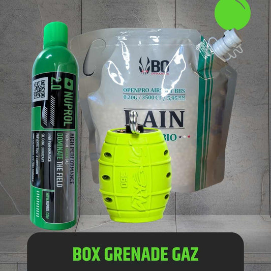 UNYZONE : Box grenade airsoft à gaz Storm 360 couleur lime, avec bouteille de green gaz et sachet de billes bio en 0,20g