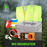 UNYZONE : Box airsoft organisateur, pour organiser les partie d'airsoft. Il contient des gilets de signalisation, des rubans adhésif, un ruban de signalisation, des caisse à monnaie, un sifflet et un chronographe.