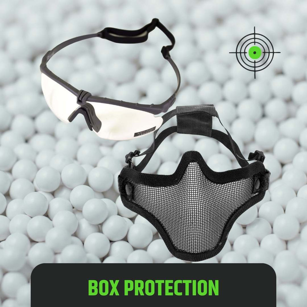 UNYZONE : Box airsoft de protection, qui contient une paire de lunette de protection NUPROL pour l'airsoft et un masque grillagé NUPROL pour se protéger le visage des billes.