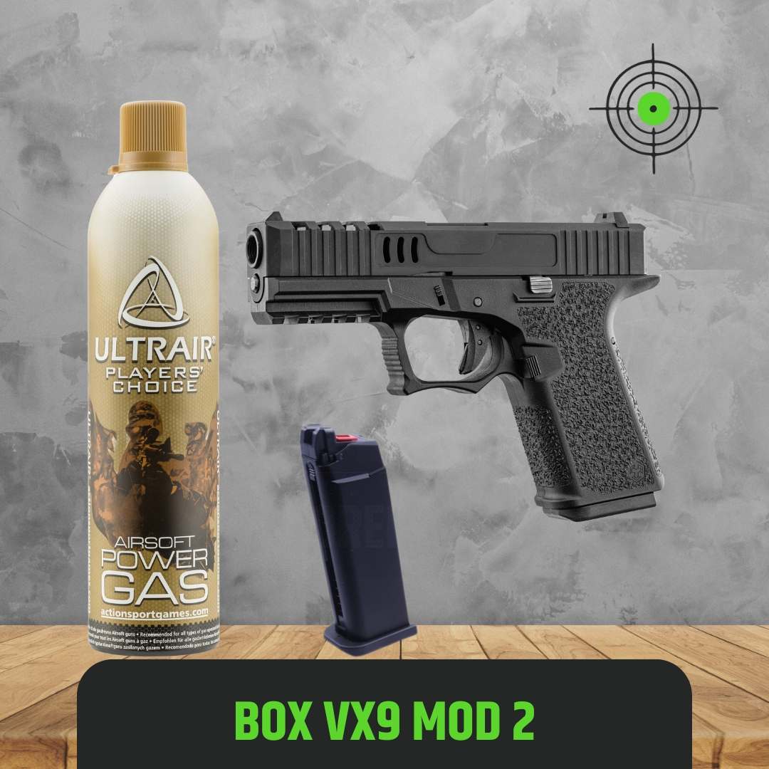 UNYZONE : Box airsoft réplique VX9 mod 2 de chez AW CUSTOM, il contient la réplique, un chargeur supplémentaire et un bouteille de gaz ULTRAIR de chez ASG
