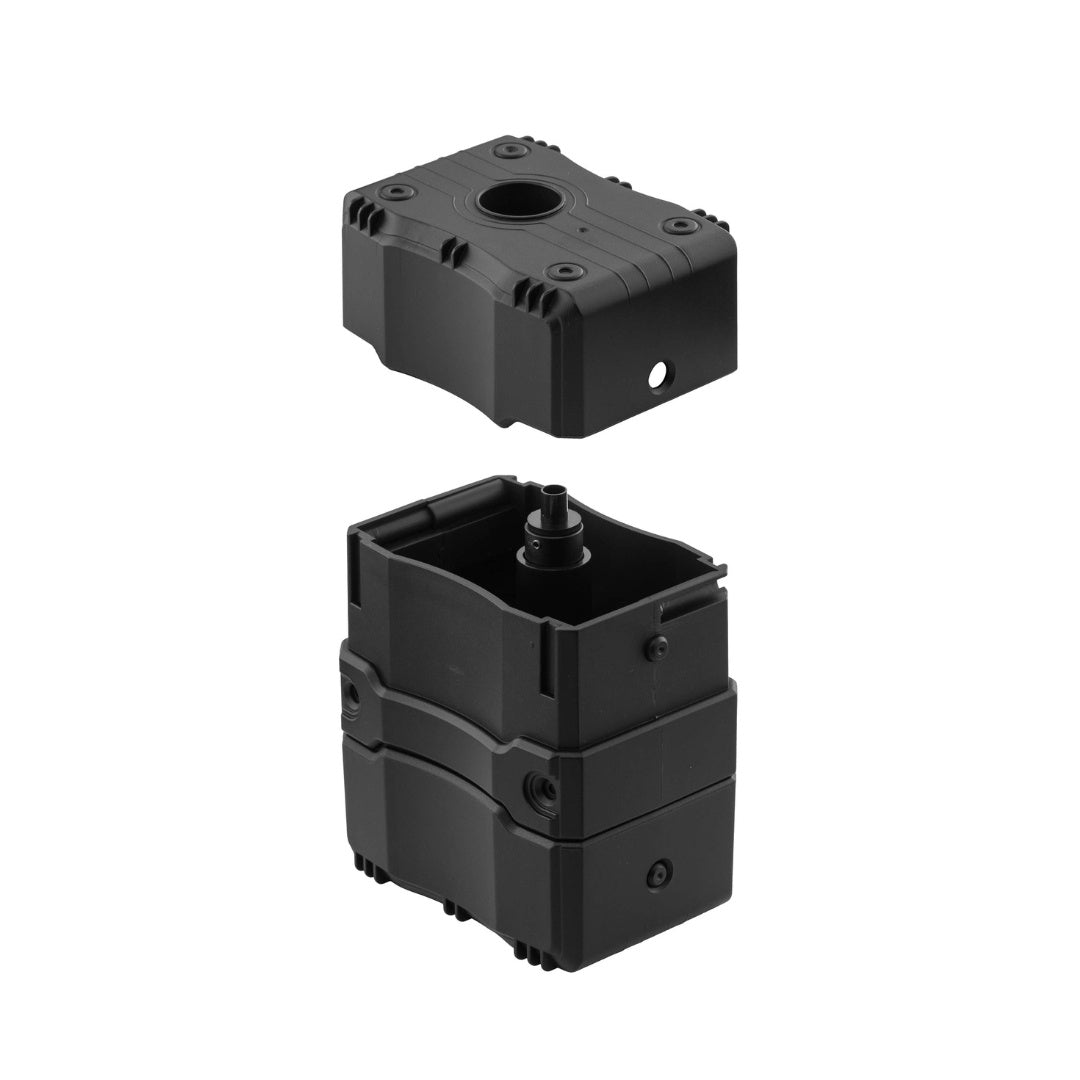 UNYZONE : DOUBLE BELL BB loader/speed loader électrique d'une capacité de 1300 billes pour recharger automatiquement et rapidement la plupart des chargeurs d'airsoft du marché, vue capot du dessus ouvert 2