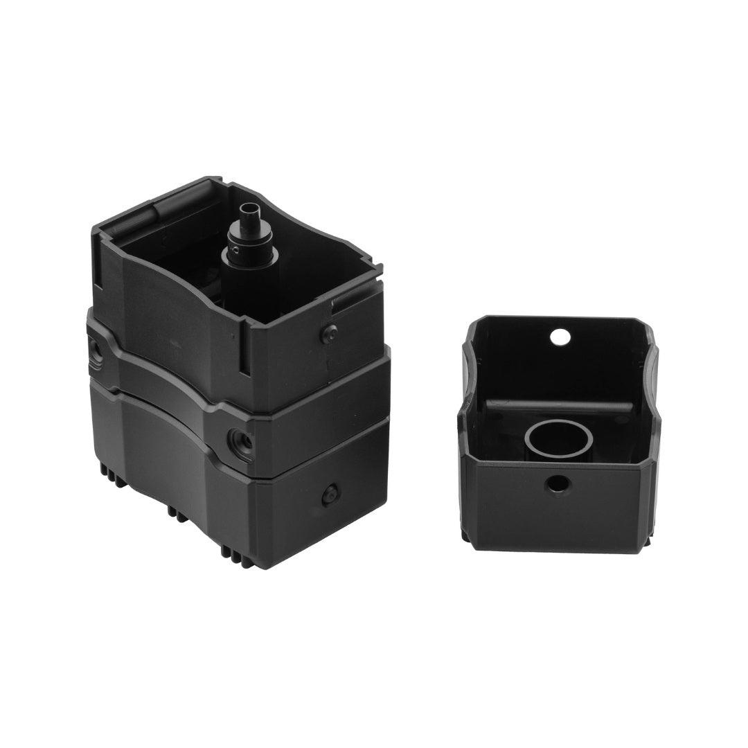 UNYZONE : DOUBLE BELL BB loader/speed loader électrique d'une capacité de 1300 billes pour recharger automatiquement et rapidement la plupart des chargeurs d'airsoft du marché, vue capot du dessus ouvert