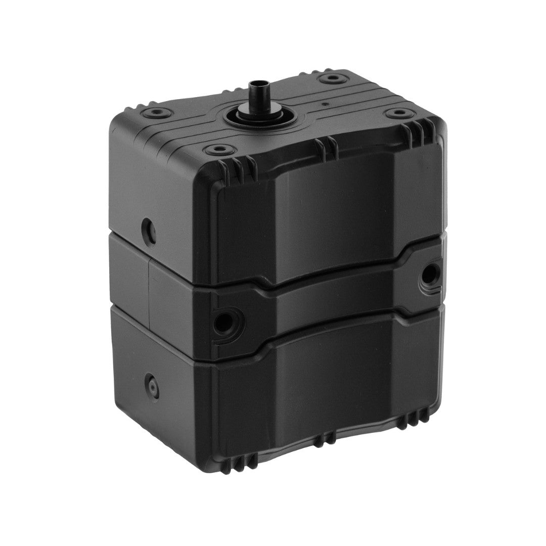 UNYZONE : DOUBLE BELL BB loader/speed loader électrique d'une capacité de 1300 billes pour recharger automatiquement et rapidement la plupart des chargeurs d'airsoft du marché, vue de derrière