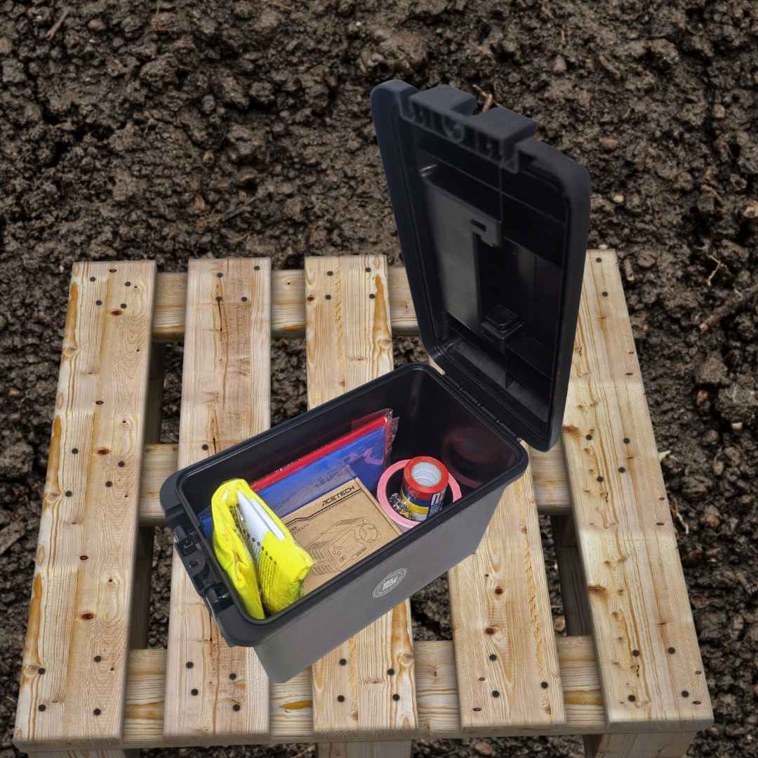 UNYZONE : FOT, Caisse de munition polymère noir pour cal.50 ou pour boîte de rangement étanche en 30 x 16 x 17.5 cm, mise en situation contenant équipement pour les associations (gilet jaune fluo, drapeaux de jeu, chronographe, ruban de signalisation, sifflet,...)