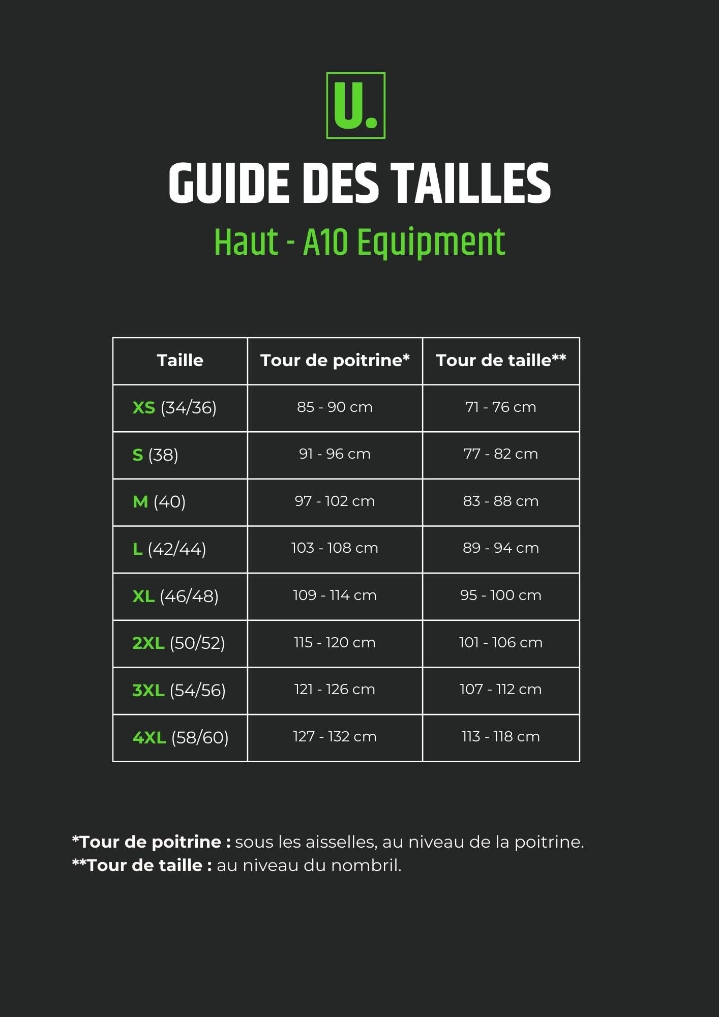 UNYZONE : Guide de tailles, Haut de A10 EQUIPMENT Image