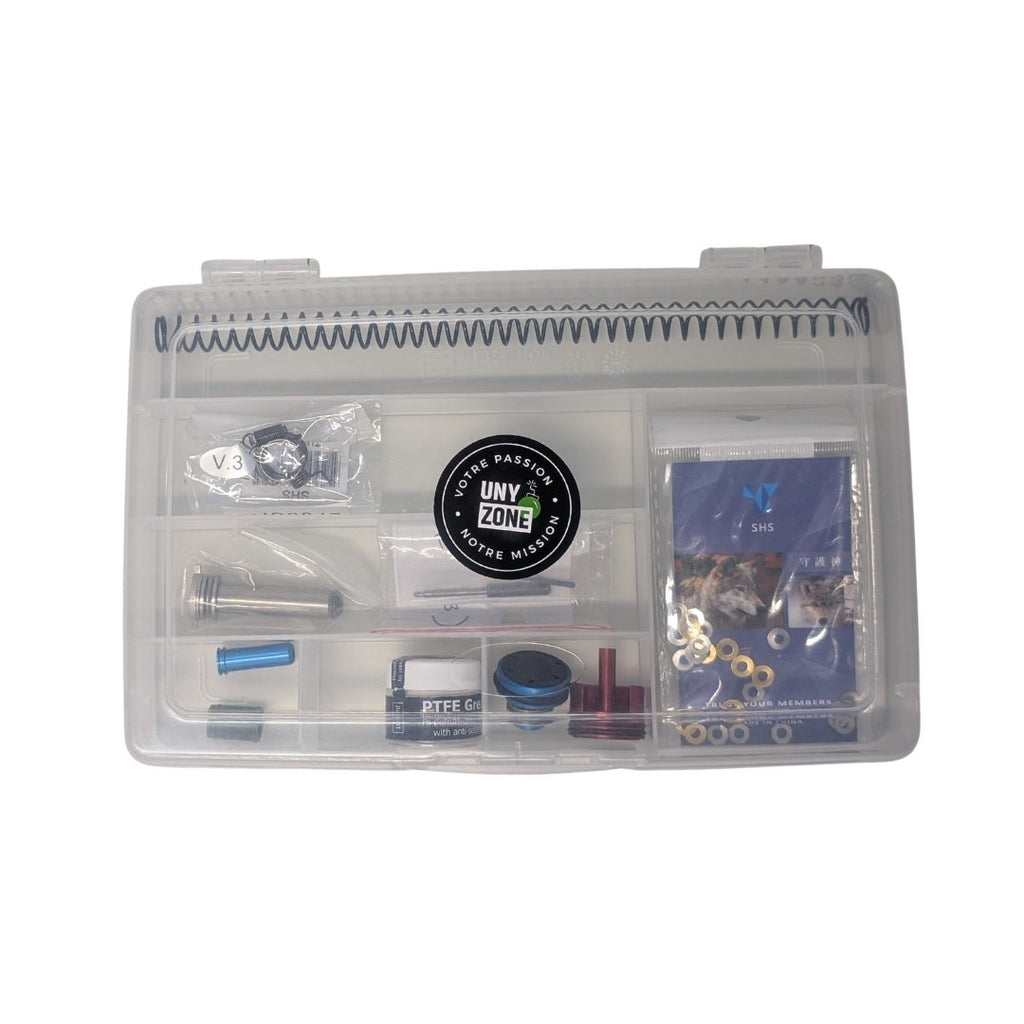 UNYZONE : Mallette pour pièces upgrade (ressort, joint, shims, nozzle, guide ressort, tête de piston, tête de cylindre).
