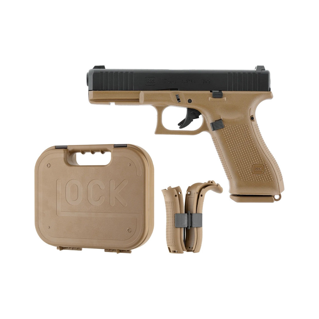 UNYZONE : UMAREX/VFC Réplique pistolet Glock 17 Gen 5 à gaz en French Edition (noir et tan), le pack complet qui contient la réplique, la mallette et les plaquettes