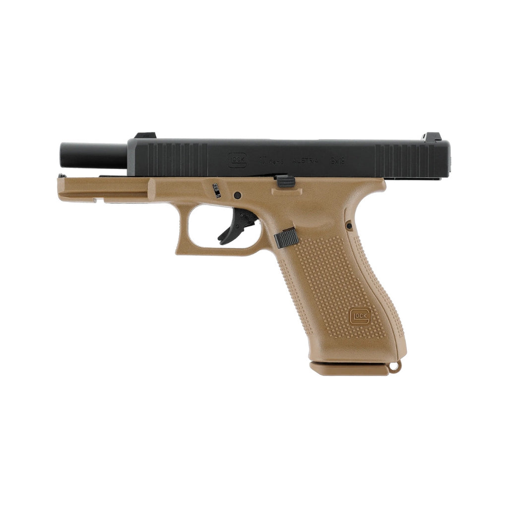 UNYZONE : UMAREX/VFC Réplique pistolet Glock 17 Gen 5 à gaz en French Edition (noir et tan) vue côté gauche culasse reculée