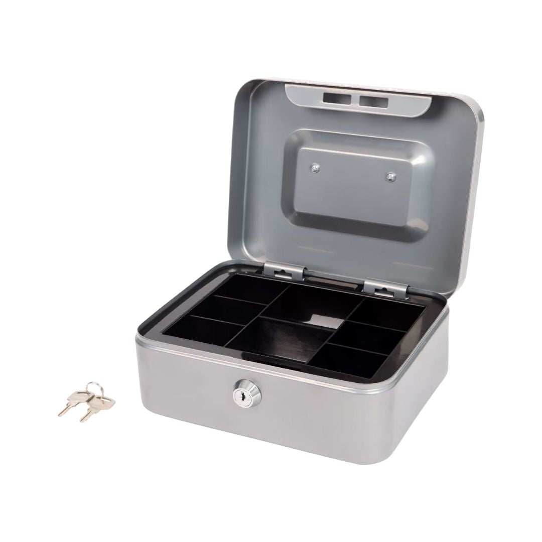 UNYZONE : Caisse à monnaie gris avec double des clés vue ouverte
